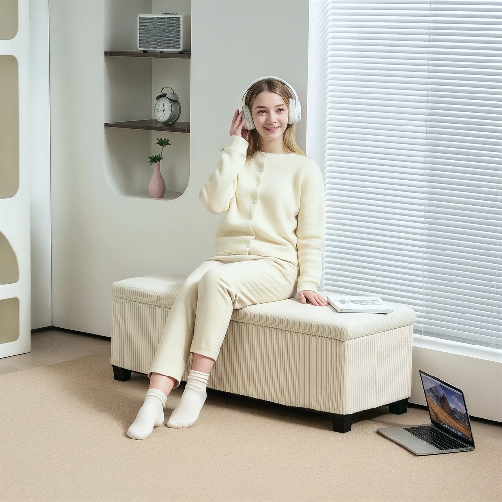 HOMCOM Banc de depozitare capăt de pat din catifea cordonată cu capac, pentru salon, dormitor, intrare, 112 x 42 x 40 cm, bej | Aosom Romania