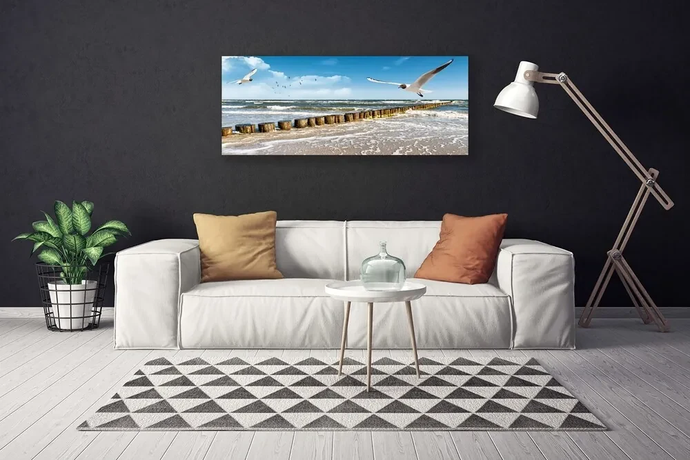 Tablou pe panza canvas Seagulls Sea Peisaj Gri Albastru Alb