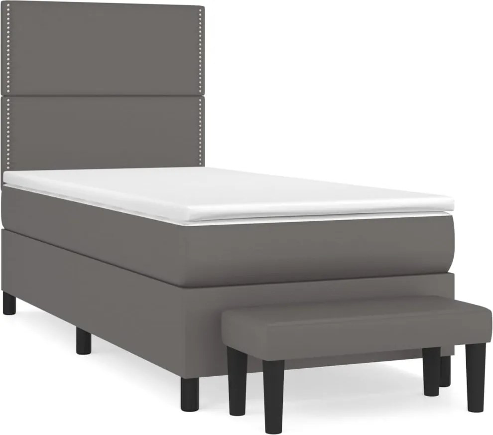 vidaXL Pat box spring cu saltea, gri, 90x200 cm, piele ecologică