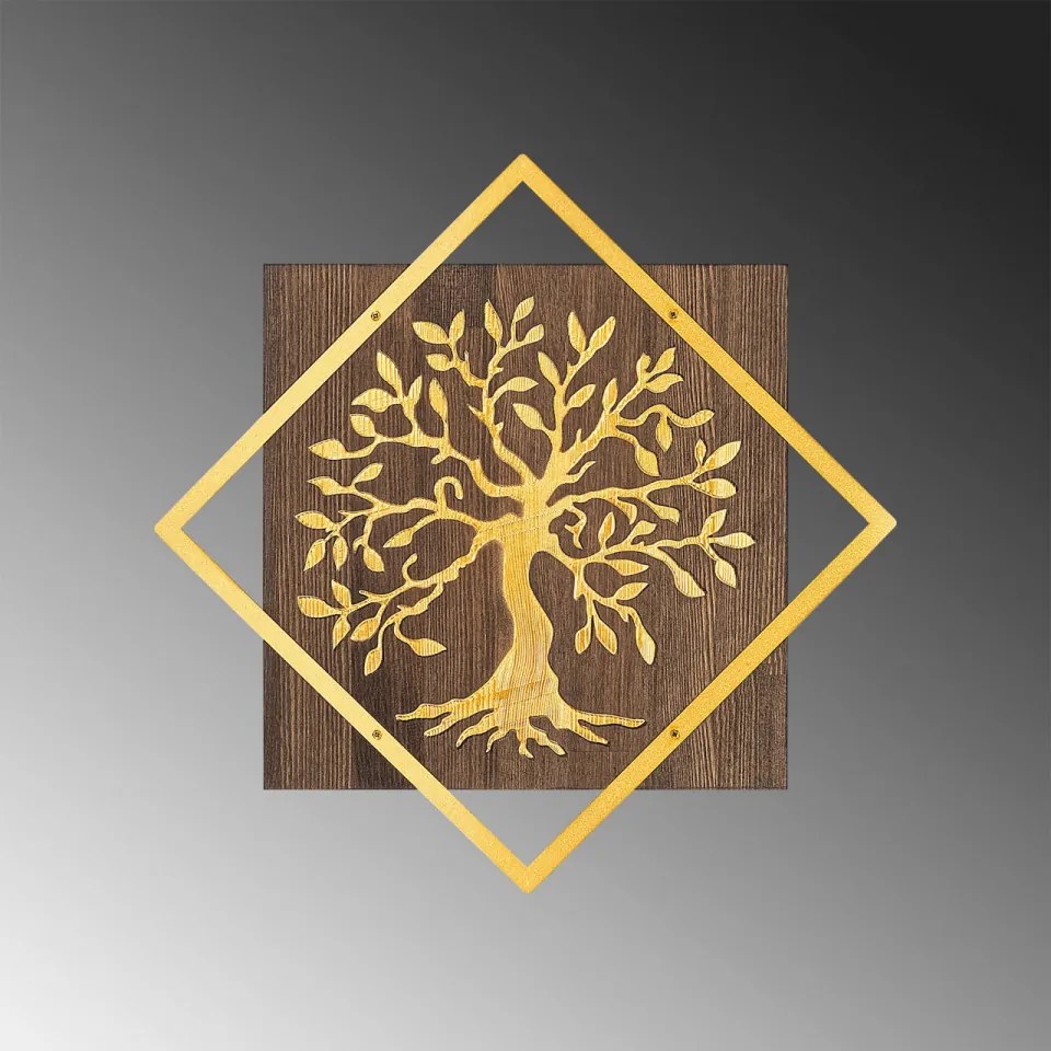Accesoriu Decorativ de Perete Tree v2, Auriu, Metal / Lemn