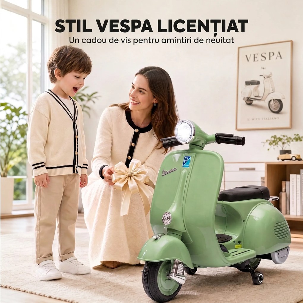 AIYAPLAY Motocicletă Electrică pentru Copii 3+ Ani, Licență VESPA, 6V, cu Roți Ajutătoare Detașabile, Max. 30 kg, Verde | Aosom Romania