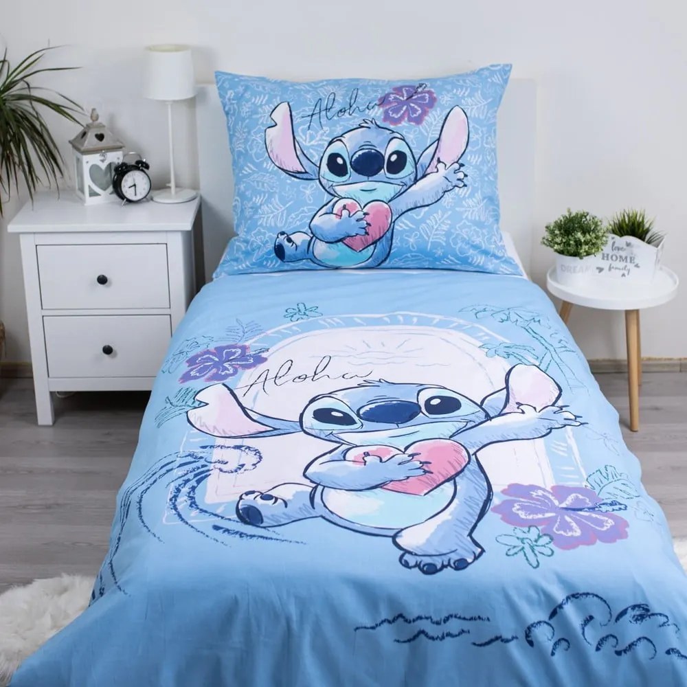 Lenjerie de pat pentru copii albastră din bumbac pentru pat de o persoană 140x200 cm Lilo and Stitch "Wave" – Jerry Fabrics