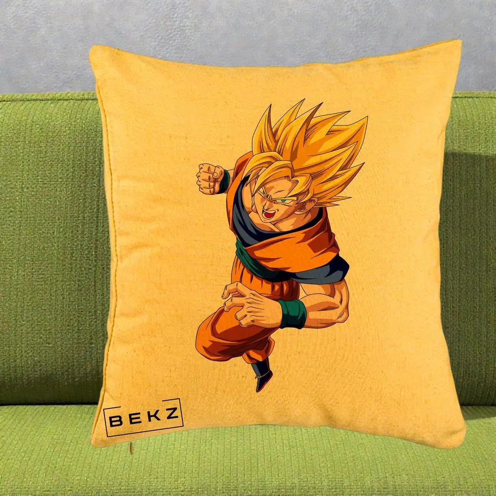 Perna Personalizata Dragon Ball Goku Super Saiyan 2 Lupta, 40x40 cm, Galben, Husa Detasabila, Perna Inclusa, BEKZ®