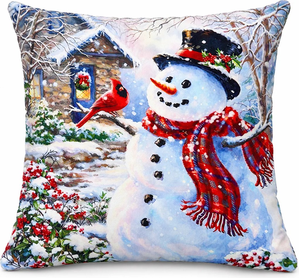 Pernă decorativă de Crăciun, om de zăpadă cu cardinal, 40x40 cm, PPC06