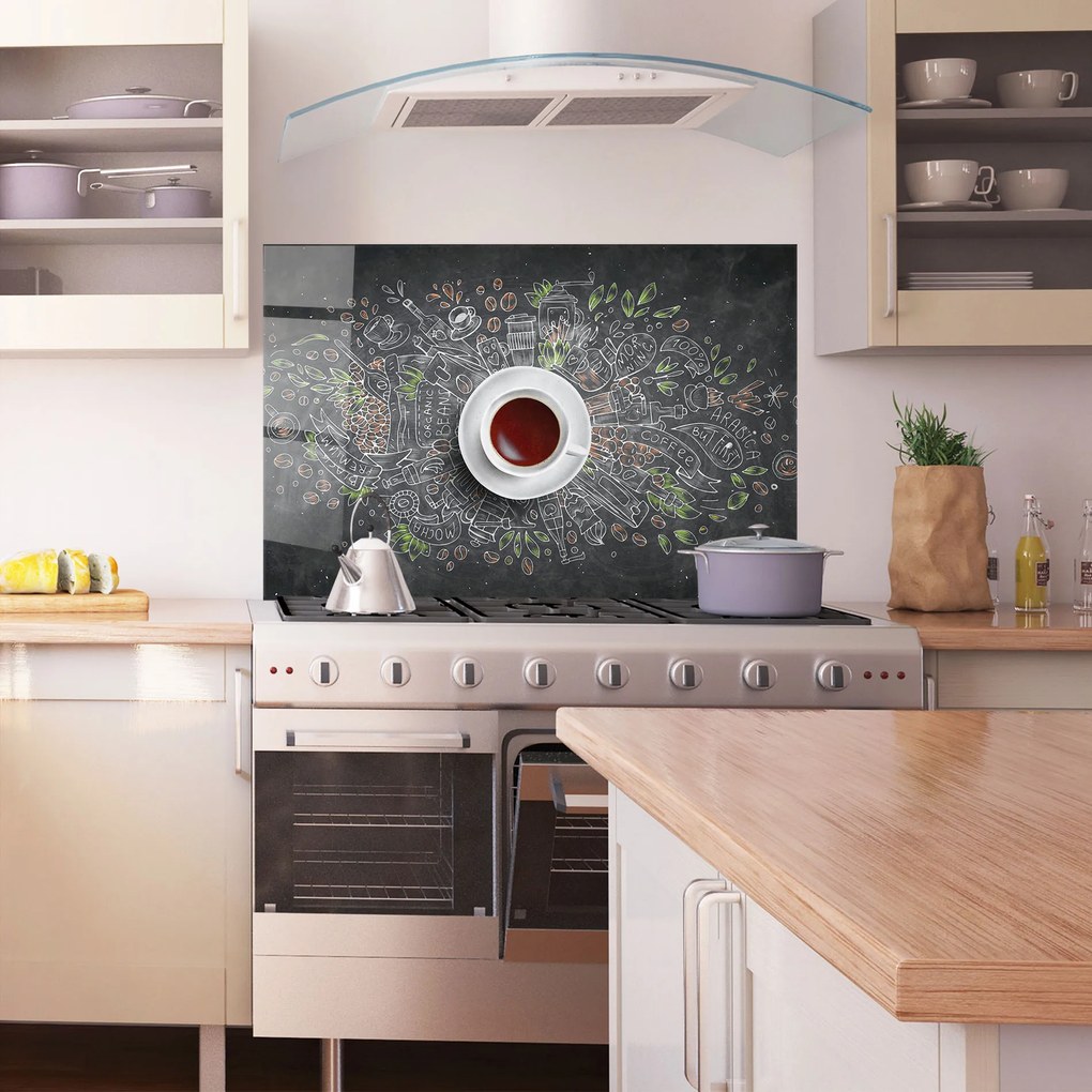 Panou Sticla Bucatarie, 60x100cm, Protectie aragaz, Antistropi, Termorezistent, Alimente, Cafea, Black Board Coffee
