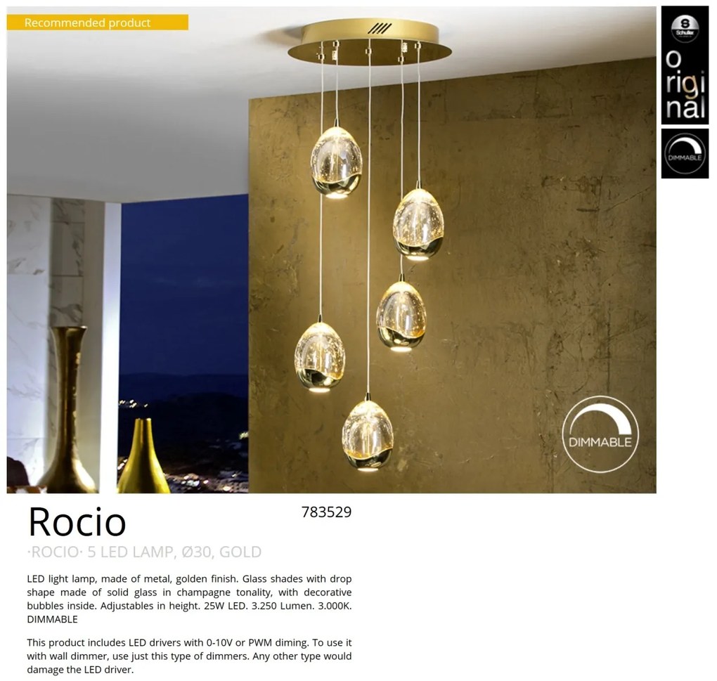 Lustra LED dimabila cu 5 pendule ROCIO, auriu SV-783529