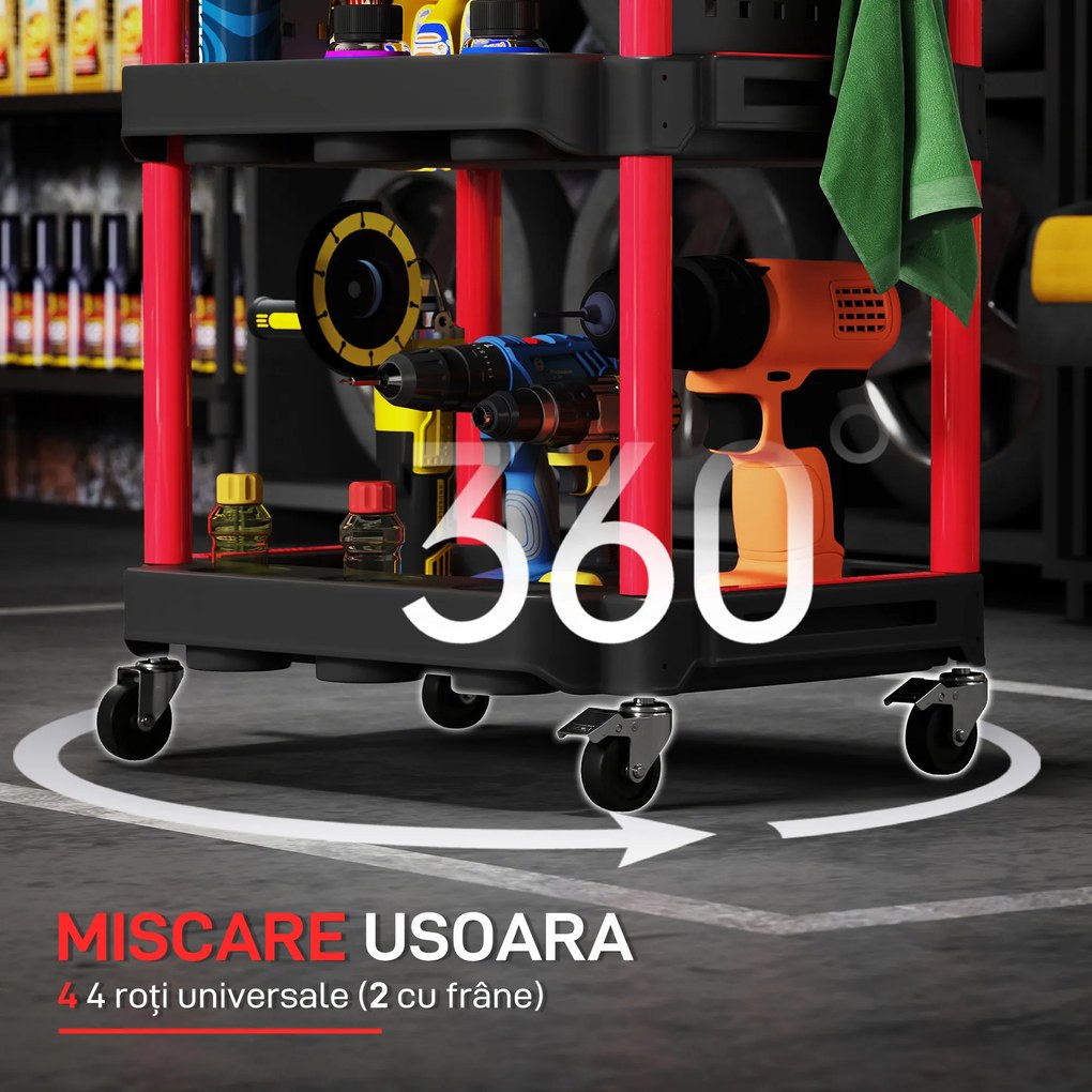 HOMCOM Cărucior pentru Scule 3 Nivele din Plastic cu Panou Lateral Roșu Negru | Aosom Romania