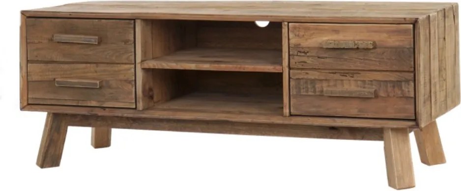 Comodă TV living din lemn reciclat, natur, cu 4 sertare, nișă deschisă cu raft și picioare oblice, 48 x 130 x 40 cm, „Rustin”