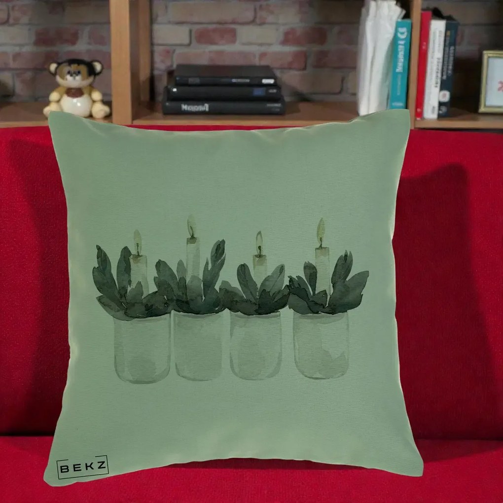 Perna Decorativa Lumanari Advent in Borcane, 40x40 cm, Verde, Husa Detasabila, Perna Inclusa, BEKZ®