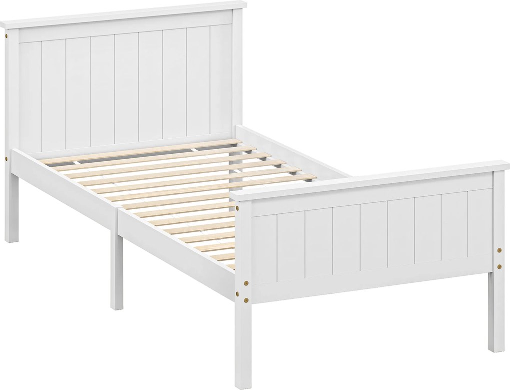 HOMCOM Cadru de pat 90 x 200 cm, pat simplu din lemn masiv cu somieră cu lamele, tăblie și tablie la picioare incluse, asamblare ușoară, alb | Aosom Romania