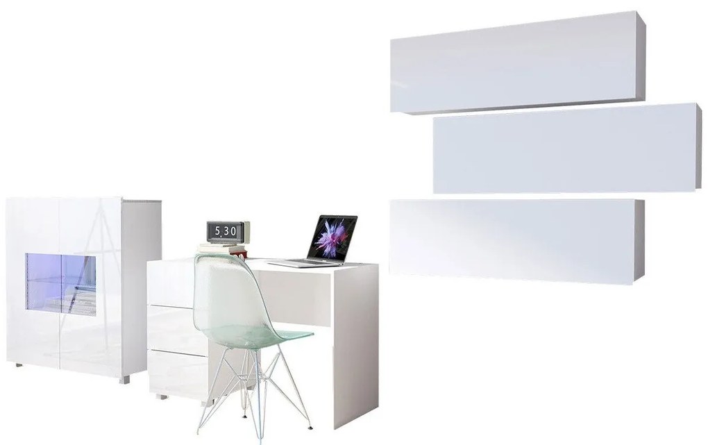 Set de mobilier Providence B134Alb lucios, Alb, Cu masa de birou, Cu componente suplimentare, Părți separate, Sticlă călită, PAL laminat, 315x50cm, 117 kg