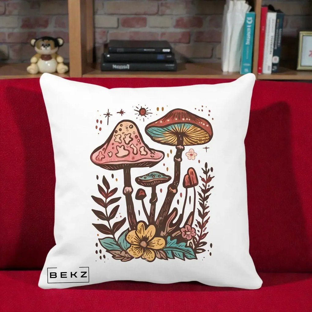 Perna Decorativa Ciuperci Boho Multicolore, 40x40 cm, Alba Mata, Husa Detasabila, Perna Inclusa, BEKZ®