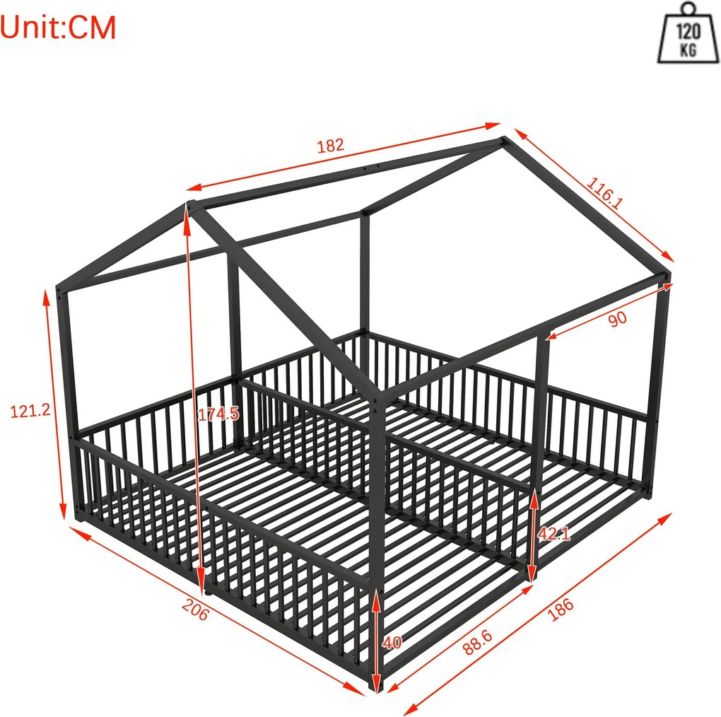 Pat dublu pentru copii 90x200 cm, formă de casă, cu barieră de siguranță, fără saltea, Negru