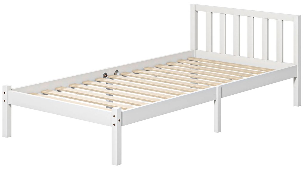 HOMCOM Rama de pat simplă, cu cap de pat și somieră, spațiu de 26 cm sub pat, pin, 208x96x70 cm, Alb | Aosom Romania