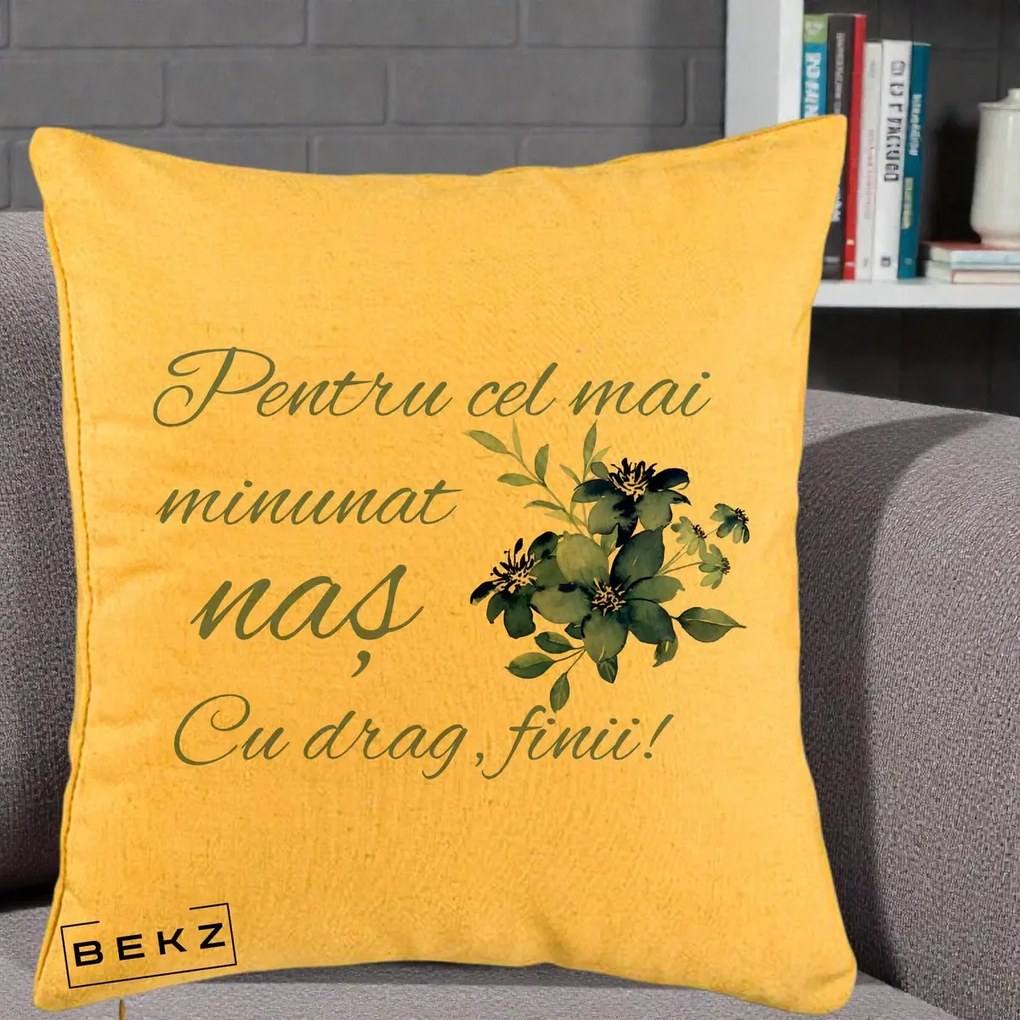 Cadou pentru Nas - Perna Personalizata Pentru Cel mai Minunat Nas Cu drag Finii, 40x40 cm, Galben, Husa Detasabila, Perna Inclusa, BEKZ®