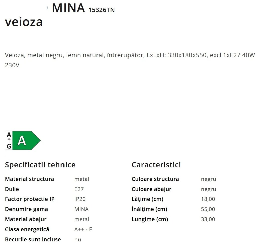 Veioza / Lampa de masa stil natural minimalist MINA