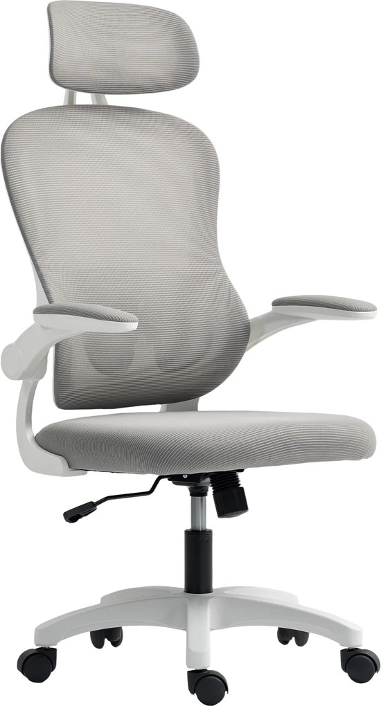 HOMCOM Scaun birou ergonomic cu spătar din plasă, reglabil pe înălțime, cotiere rabatabile, 5 roți, funcție balans, Gri | Aosom Romania