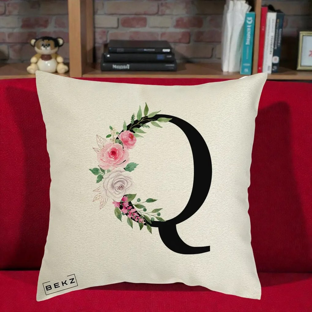 Cadou Personalizat - Perna Personalizata Monograma Florala Litera Q, 40x40 cm, Ecru, Husa Detasabila, Perna Inclusa, BEKZ®