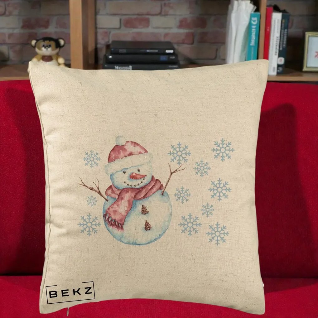 Perna Decorativa Om de Zapada Rosu cu Fulgi, 40x40 cm, Bej, Husa Detasabila, Perna Inclusa, BEKZ®