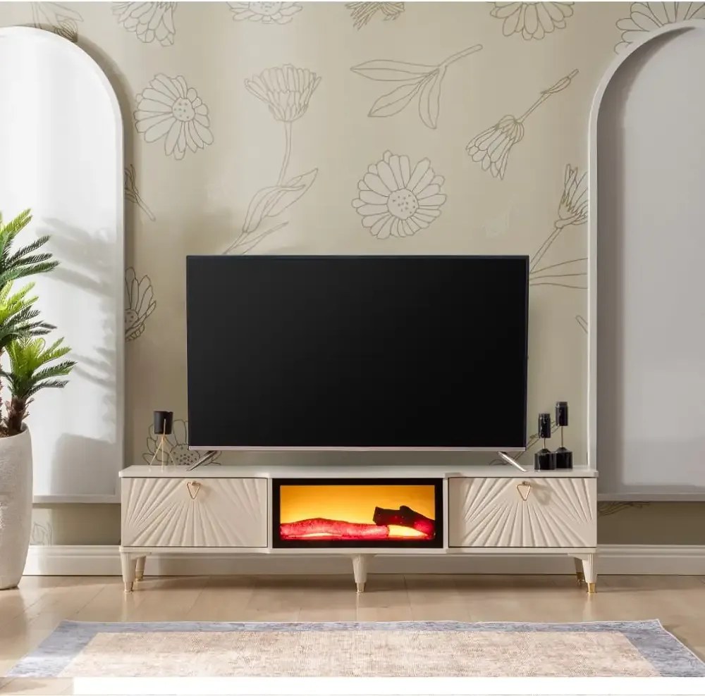 Comoda tv cu semineu Calvin, culoare bej 160 cm