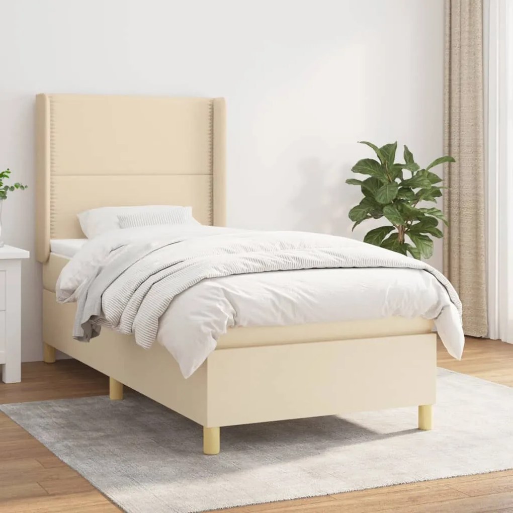 vidaXL Pat box spring cu saltea, crem, 100x200 cm, textil