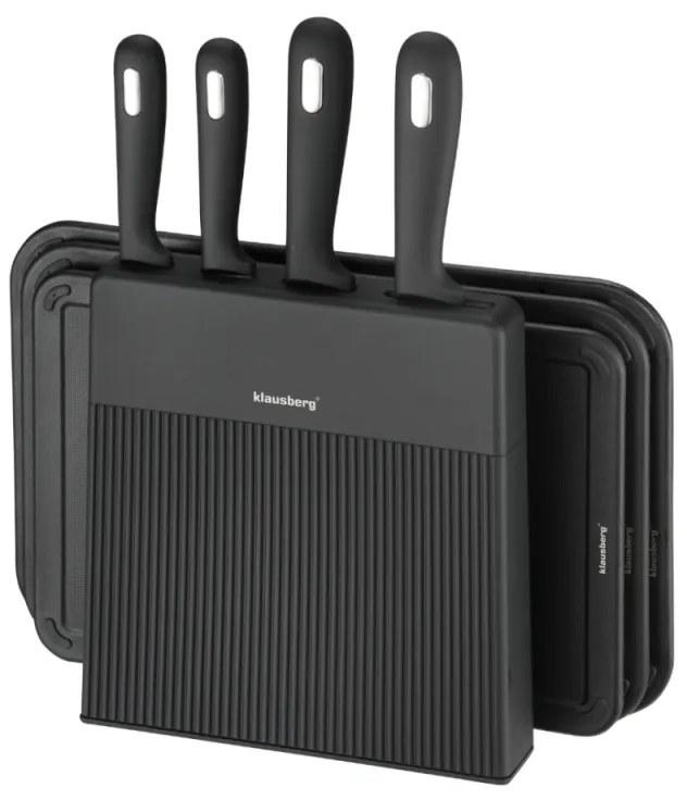 Klausberg KB 7980 set cuțit și placă de tăiat, 8 piese, Oțel inoxidabil, Suport, Negru/inox