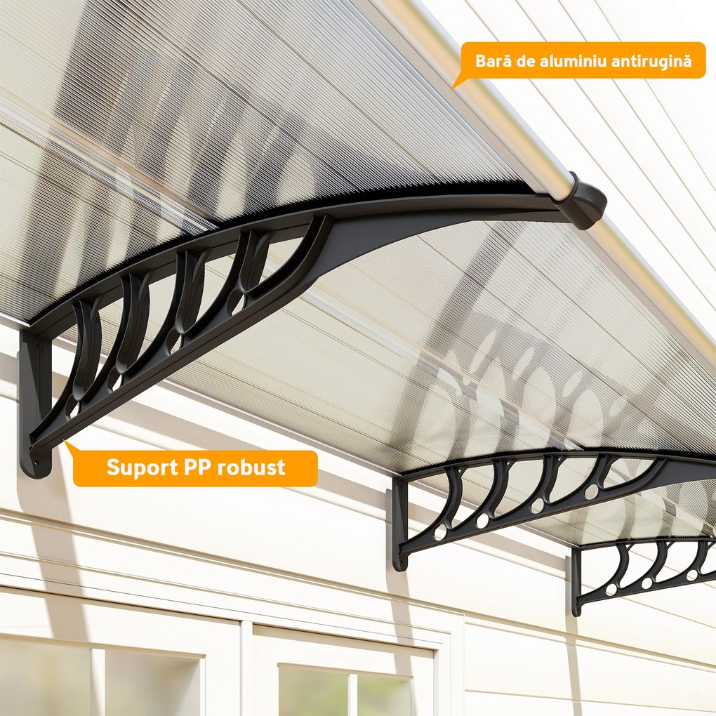 Outsunny Acoperiș din Policarbonat și Aluminiu pentru Balcoane, Ferestre și Uși, Pensilină Exterioară cu Suport din PP, 303x96x27 cm, Transparent