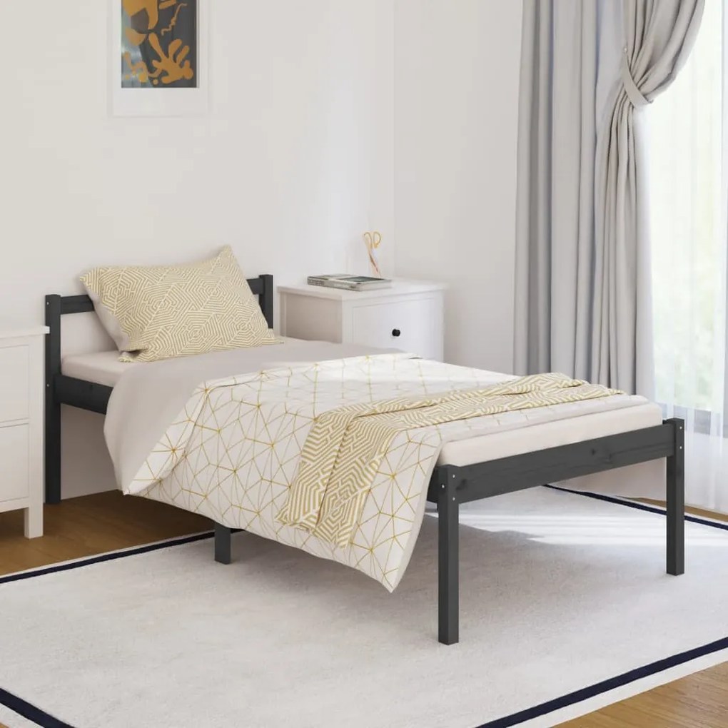 810581 vidaXL Cadru de pat single, gri, 90x190 cm, lemn masiv de pin