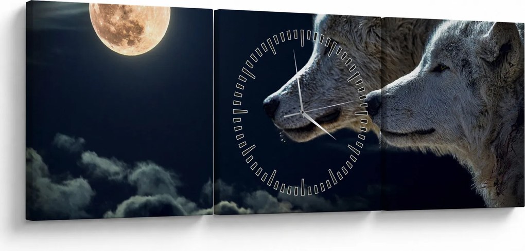 Tablou cu lupi în lună (cu ceas) (90x30 cm)