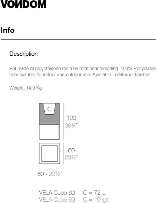 Ghiveci plante, flori design decorativ modern pentru amenajari interioare si exterioare, VELA CUBE PLANTER 54042R Vondom