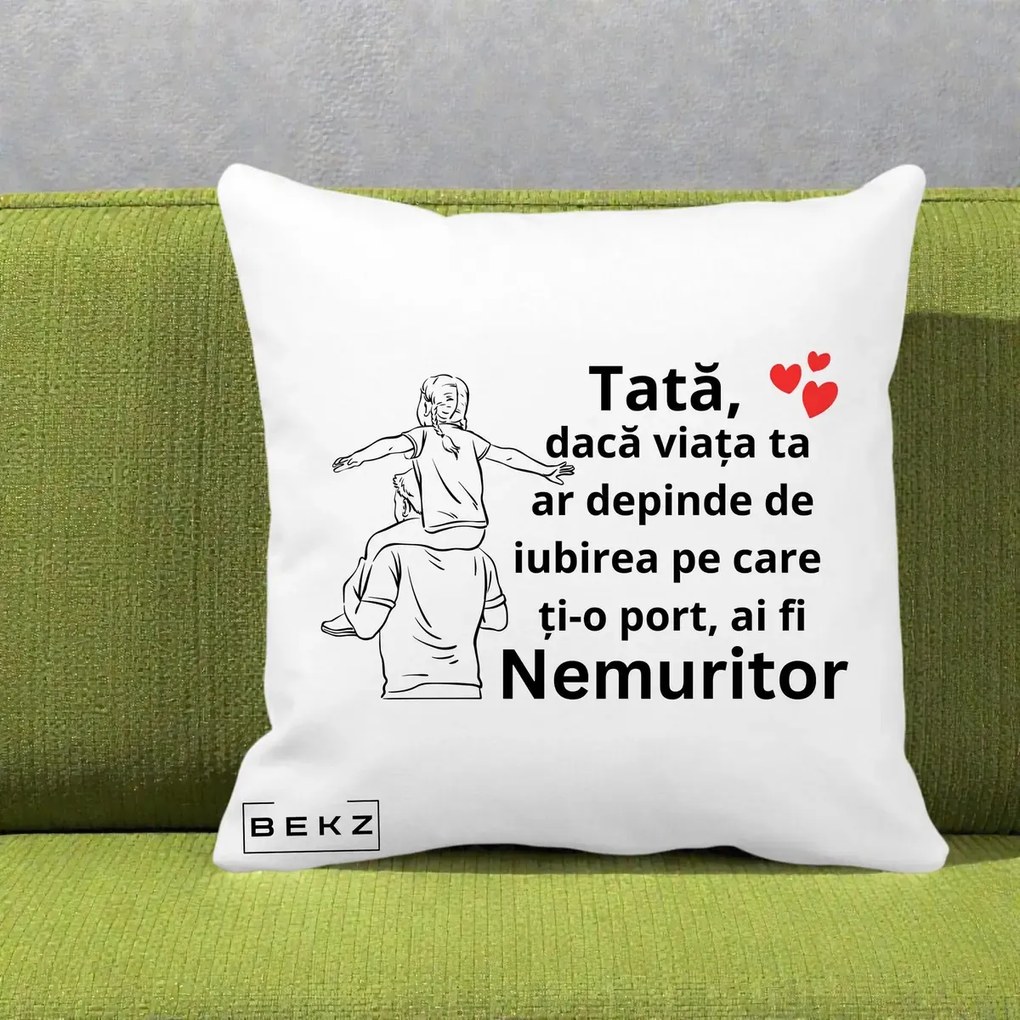 Cadou pentru Tata - Perna Personalizata Tata Supererou Nemuritor, 40x40 cm, Alba Mata, Husa Detasabila, Perna Inclusa, BEKZ®