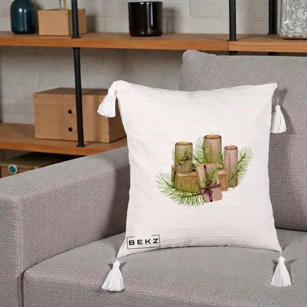 Perna Decorativa Lumanari cu Cadouri Naturale, 40x40 cm, Bej cu Franjuri, Husa Detasabila, Perna Inclusa, BEKZ®