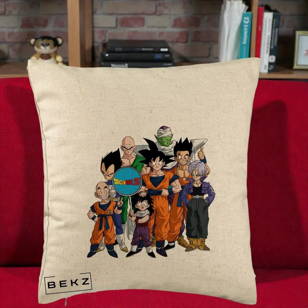 Perna Personalizata Dragon Ball Z Grup Complet, 40x40 cm, Bej, Husa Detasabila, Perna Inclusa, BEKZ®