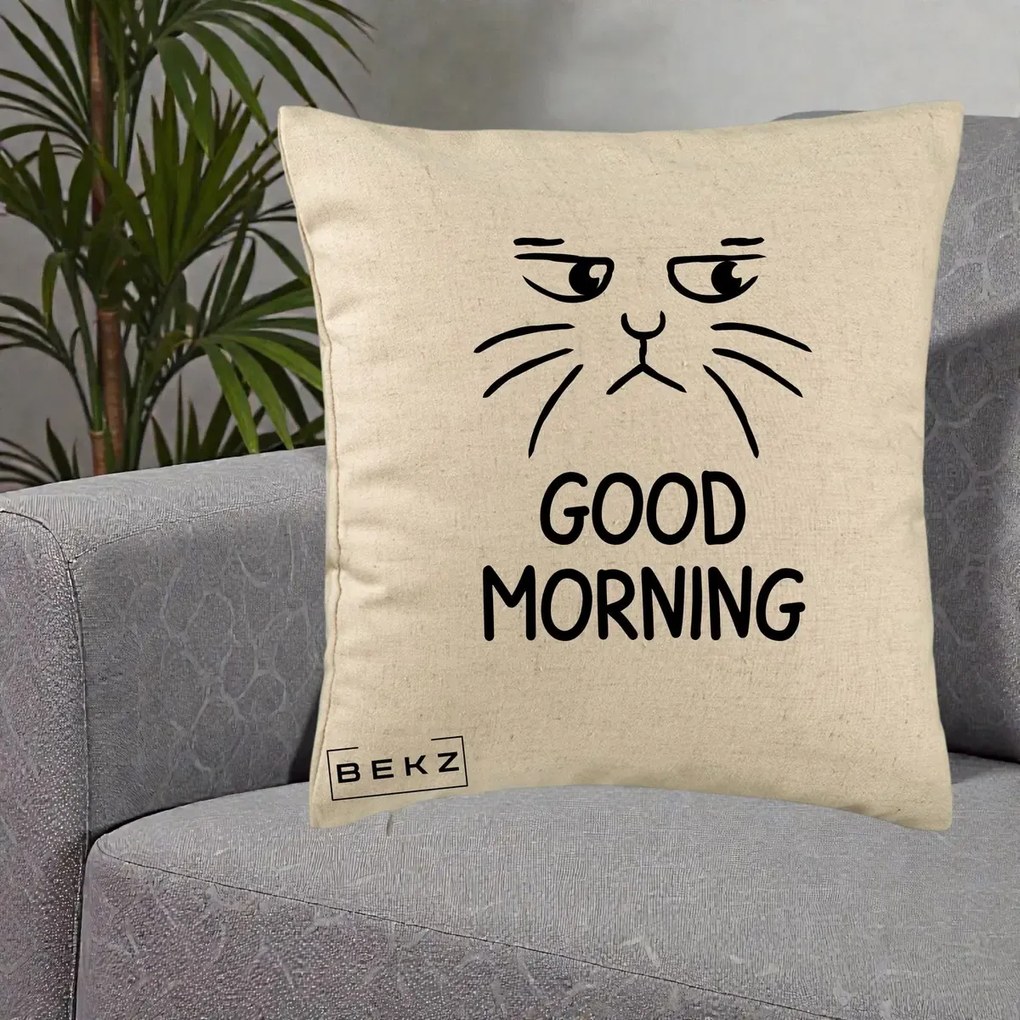 Perna Decorativa Pisica Morocanoasa Good Morning, 40x40 cm, Bej, Husa Detasabila, Perna Inclusa, BEKZ®