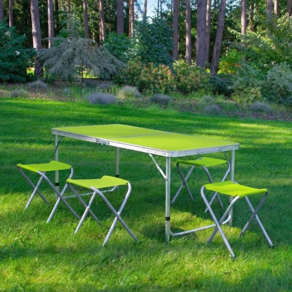 Set mobilier de camping pliabil, Jumi, verde, masă cu picioare reglabile și 4 tabureți