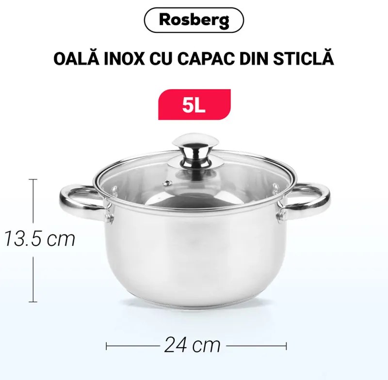 Oala Rosberg R51210O24, 5L, 24 cm, Capac din sticla, Inox