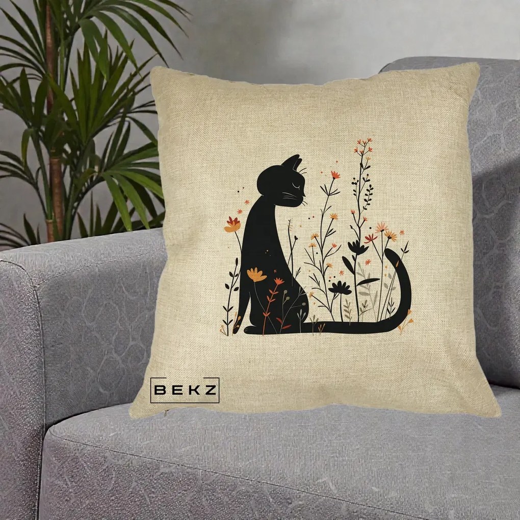 Perna Decorativa Pisica Neagra Flori Portocalii Silueta, 40x40 cm, Crem, Husa Detasabila, Perna Inclusa, BEKZ®