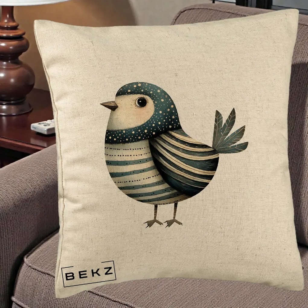 Perna Decorativa Pasare Teal Decorativa Dungata, 40x40 cm, Bej, Husa Detasabila, Perna Inclusa, BEKZ®