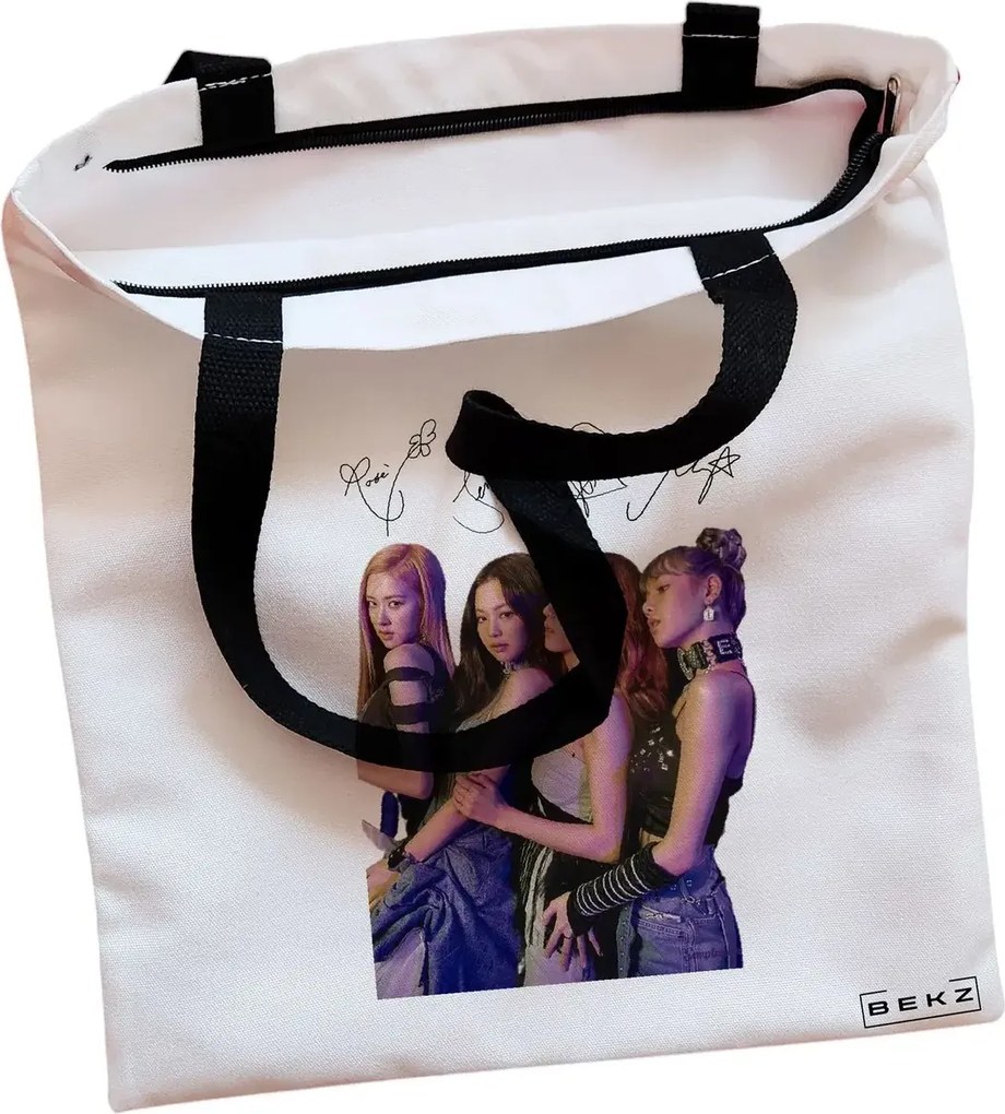Sacosa de Panza pentru Cumparaturi, Geanta Tote, model Blackpink 9 cu semnaturii, Cu fermoar, 38x34.5 cm, Alba, BEKZ®
