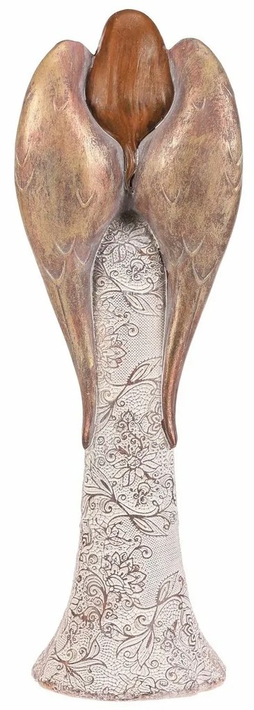 Înger din poliresină cu rochie cu flori, bej-cupru