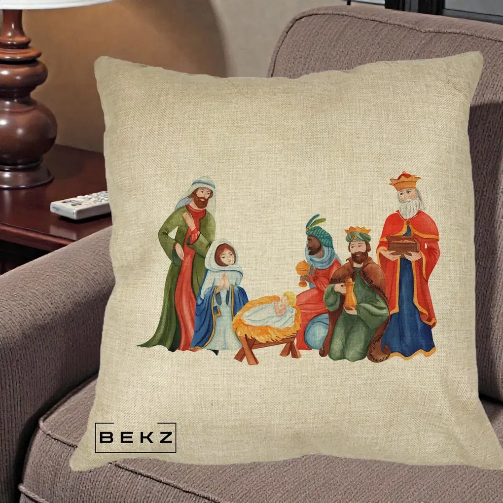 Perna Decorativa Nasterea Domnului Cei Trei Magi Acuarela, 40x40 cm, Crem, Husa Detasabila, Perna Inclusa, BEKZ®