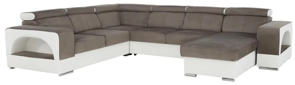 colţar în formă de U, piele ecologică albă/material textil maro, model dreapta, KAMELIA
