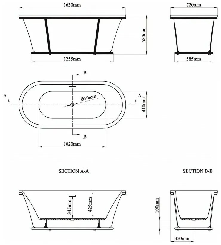 Cada freestanding Inter Ceramic acril alb-gri 163x72 cm cu cadru negru