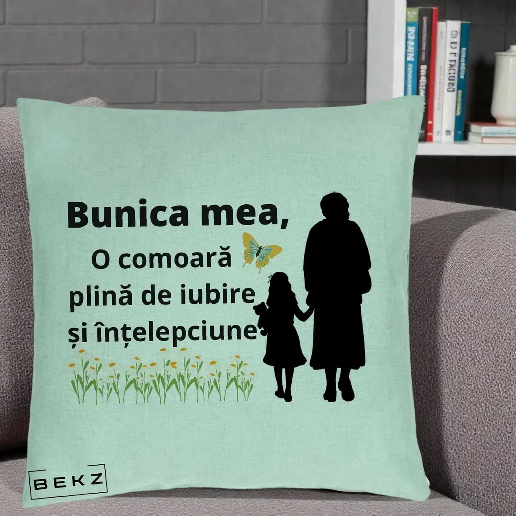 Cadou pentru Bunica - Perna Personalizata Bunica Mea Comoara Iubire Intelepciune Varianta Extinsa, 40x40 cm, Verde Menta, Husa Detasabila, Perna Inclusa, BEKZ®