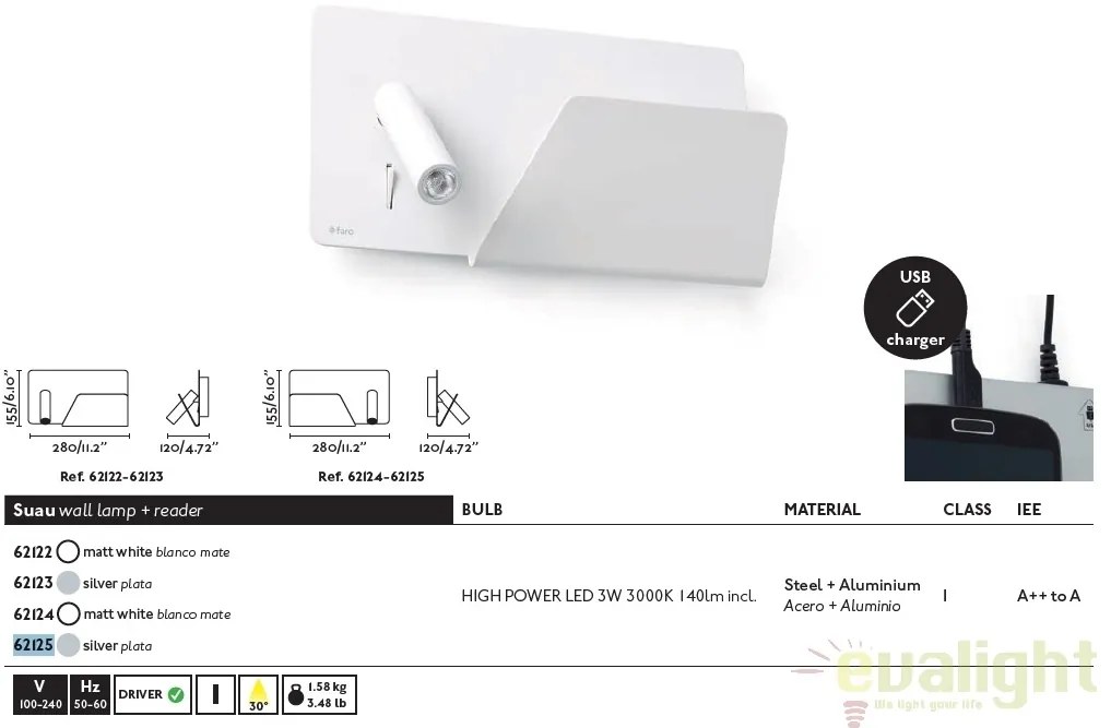 Aplica de perete / Lampa cu reader LED SUAU USB alb dormitor dreapta 62122