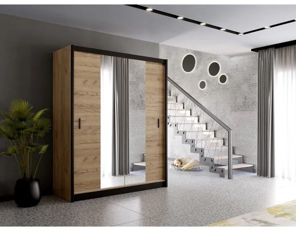 Dulap MIRO 203x215 cm cu oglindă, stejar craft/negru