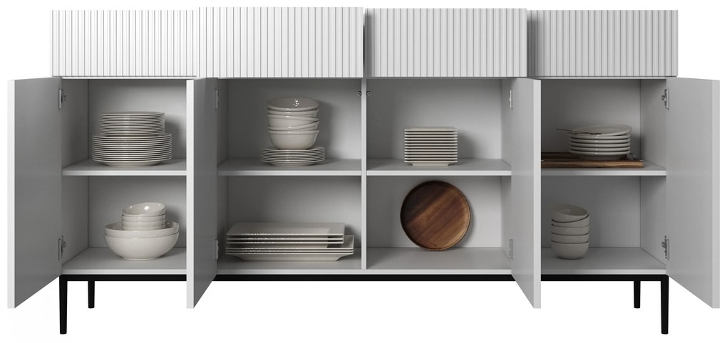 Comodă cu patru uși Nicole 200 cm cu sertare, fronturi riflate - alb mat / picioare negre