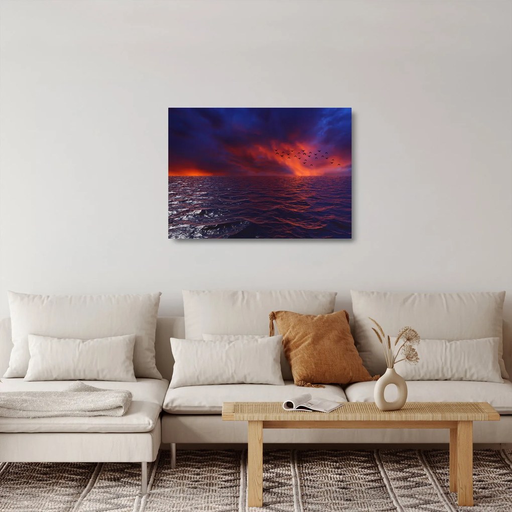 Tablou pe sticlă cu mare și păsări (70x50 cm)