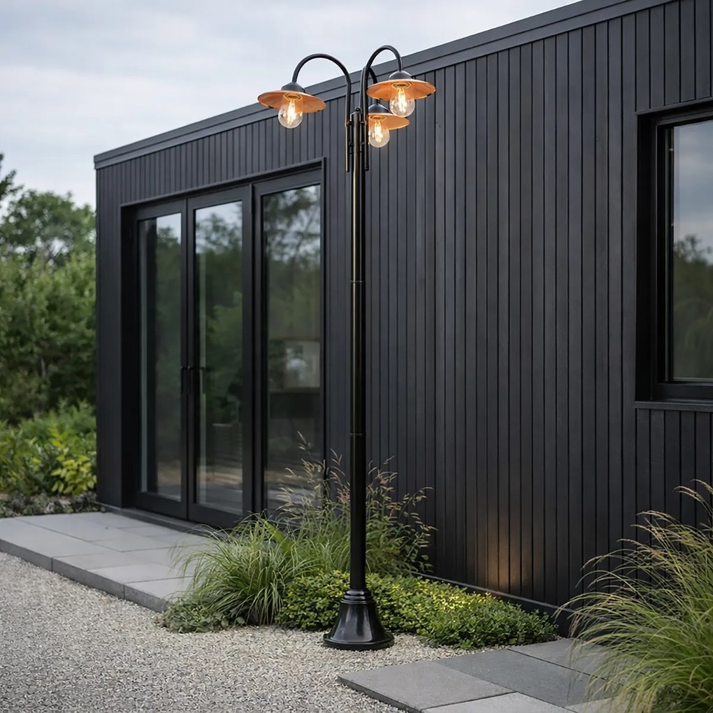 Lampă modernă de exterior neagră cu cupru 235cm 3 lumini IP44 - Kansas