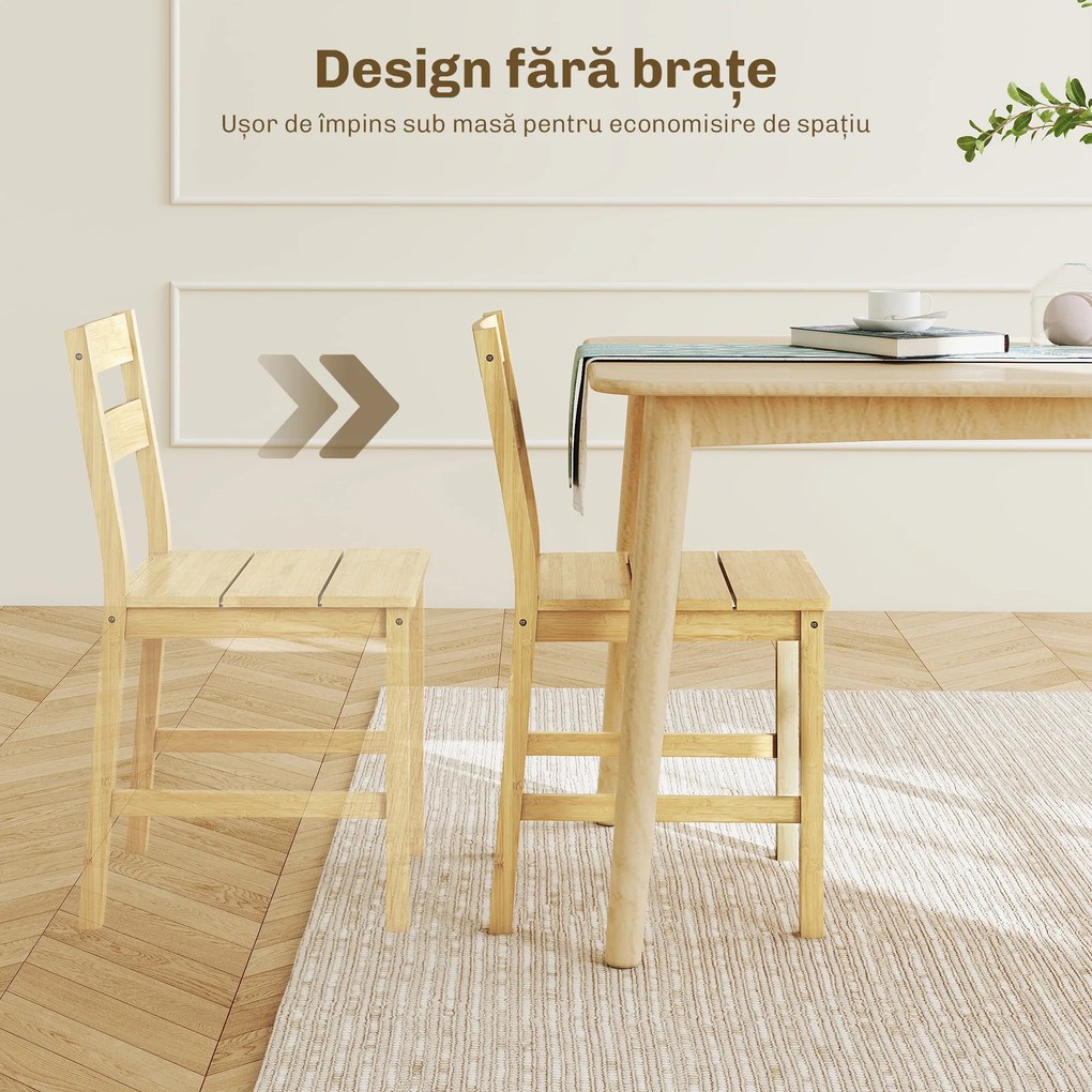 HOMCOM Set de 2 Scaune de Masă din Bambus, Scaune de Bucătărie cu Spătar Curbat, Șezut cu Lamele, Scaun pentru Bucătărie, Dormitor, Living, Culoare Naturală | Aosom Romania